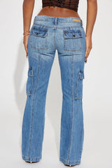 Dropping By Cargo Flare Jeans - Medium Wash