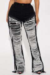 Make It Hotter Ripped Fringe Straight Leg Jeans - Black Wash