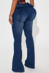 Brianca Bow Stretch Flare Jeans - Dark Wash