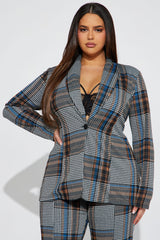 Business Time Plaid Blazer Pant Set - Blue/combo