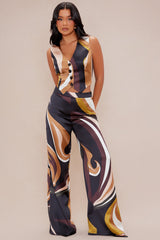 Katerina Satin Pant Set - Brown/combo