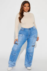 Back Talking Stretch Straight Cargo Jeans - Medium Wash