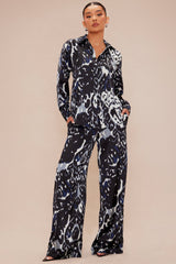 Kristine Satin Wide Leg Pant Set - Black/combo