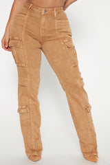 Main Squeeze Mid Rise Straight Leg Cargo Jeans - Khaki