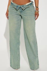 Frankie Foldover Tinted Wide Leg Jeans - Medium Wash