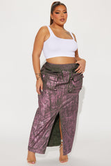 Down And Dirty Metallic Foil Cargo Maxi Skirt - Green