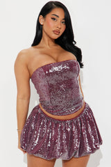 Main Character Sequin Bubble Hem Skirt Set - Wine