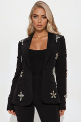 Star Studded Blazer Pant Set - Black