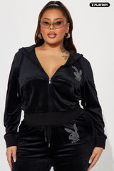 Velour Playboy Zip Font Hoodie - Black