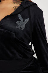 Velour Playboy Zip Font Hoodie - Black