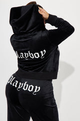 Velour Playboy Zip Font Hoodie - Black