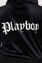 Velour Playboy Zip Font Hoodie - Black