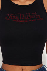 Von Dutch Rhinestone Cropped Tank Top - Black/Red