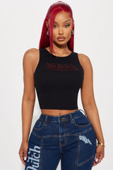 Von Dutch Rhinestone Cropped Tank Top - Black/Red