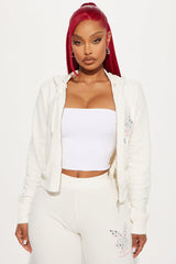 Playboy Rhinestone Velour Zip Front Hoodie - Cream
