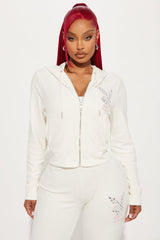 Playboy Rhinestone Velour Zip Front Hoodie - Cream