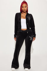 Playboy Snow Bunny Velour Zip Front Hoodie - Black