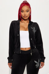 Playboy Snow Bunny Velour Zip Front Hoodie - Black
