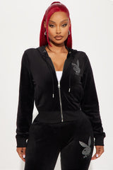 Playboy Snow Bunny Velour Zip Front Hoodie - Black