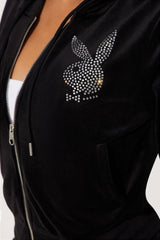 Playboy Snow Bunny Velour Zip Front Hoodie - Black
