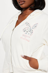 Playboy Rhinestone Velour Zip Front Hoodie - Cream