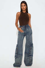 Had To Pop Out Stretch Cargo Jeans - Medium Wash