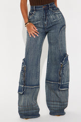 Had To Pop Out Stretch Cargo Jeans - Medium Wash