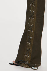 Take Notes Lace Up Stretch Bootcut Jeans - Olive