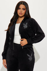 Playboy Snow Bunny Velour Zip Front Hoodie - Black
