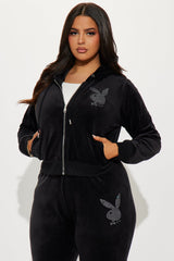 Playboy Snow Bunny Velour Zip Front Hoodie - Black