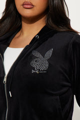Playboy Snow Bunny Velour Zip Front Hoodie - Black