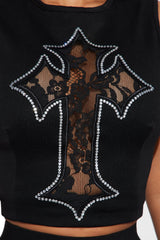 Cross Over Lace Tank Top - Black