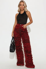 Courtside Cool Shredded Stretch Wide Leg Jeans - Red