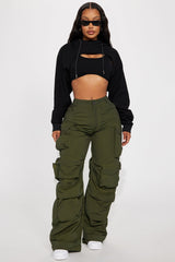 Talk It Up Oversized Distressed Washed Cargo Pant - Olive