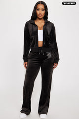 Velour Playboy Zip Font Hoodie - Black