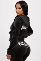 Velour Playboy Zip Font Hoodie - Black