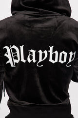 Velour Playboy Zip Font Hoodie - Black