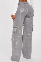 Time To Shine Foil Baggy Cargo Jeans - Silver