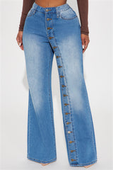 Jaylen Non Stretch Button Up Wide Leg Jeans - Medium Wash
