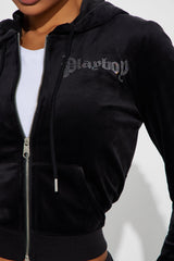 Playboy Iconic Velour Zip Front Hoodie - Black
