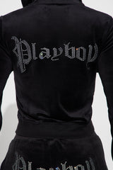 Playboy Iconic Velour Zip Front Hoodie - Black
