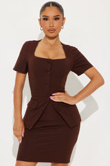 The Mia Double Lined Ponte Button Front Skirt Set - Chocolate