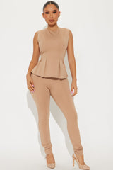 The Mia Double Lined Ponte Peplum Pant Set - Tan