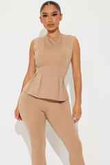 The Mia Double Lined Ponte Peplum Pant Set - Tan