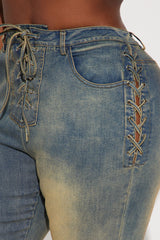 Out In The Town Lace Up Stretch Flare Jeans - Vintage Wash