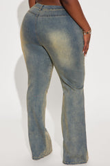 Out In The Town Lace Up Stretch Flare Jeans - Vintage Wash