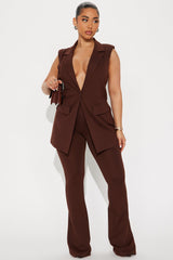 The Mia Double Lined Ponte Long Vest Pant Set - Chocolate