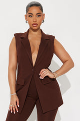 The Mia Double Lined Ponte Long Vest Pant Set - Chocolate