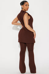 The Mia Double Lined Ponte Long Vest Pant Set - Chocolate