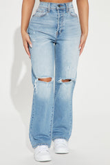 Petite As You Please Ripped Straight Leg Jeans - Light Blue Wash